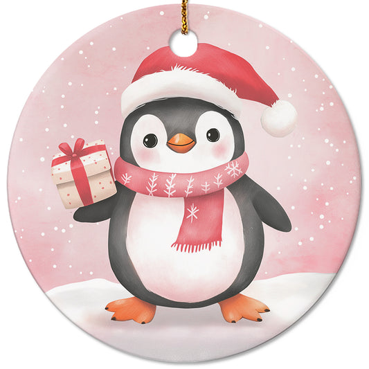 Netecom Cute Pink Penguin in Snow Christmas Ornament, Ceramic Animal Keepsake Ornament for Xmas Tree Decorations, Penguin Lover Gift, Gifts for Holiday, Party, Home Decor