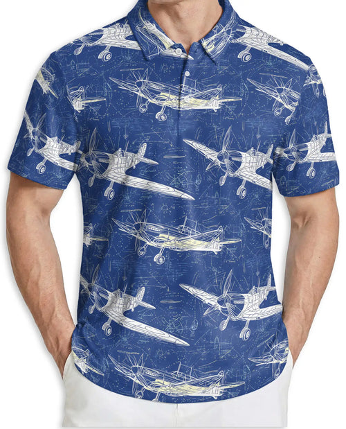 Vintage Airplane Blueprint Polo Shirt for Men-  Aviation Aircraft Print | Netecom