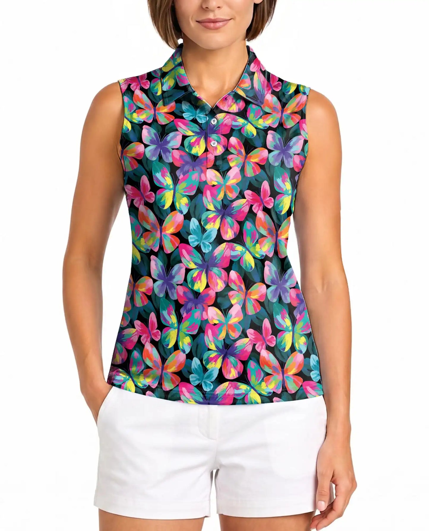 Vibrant Butterfly Pattern Sleeveless Polo Shirt for Women | Netecom
