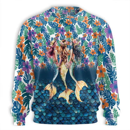 Three Mermaids Sweatshirt, 3D All Over Print Fantasy Ocean Crewneck Pullover for Men Women, Mermaid Lover Gift - Netecom