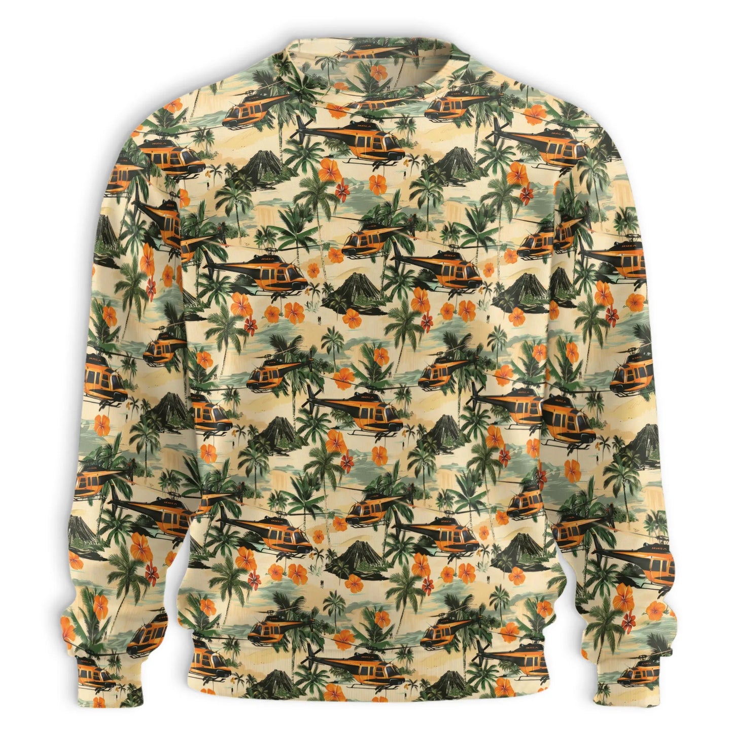 Helicopter Tropical Print Sweatshirt, 3D All Over Print Aviation Island Crewneck Pullover for Men Women, Helicopter Lover Gift - Netecom