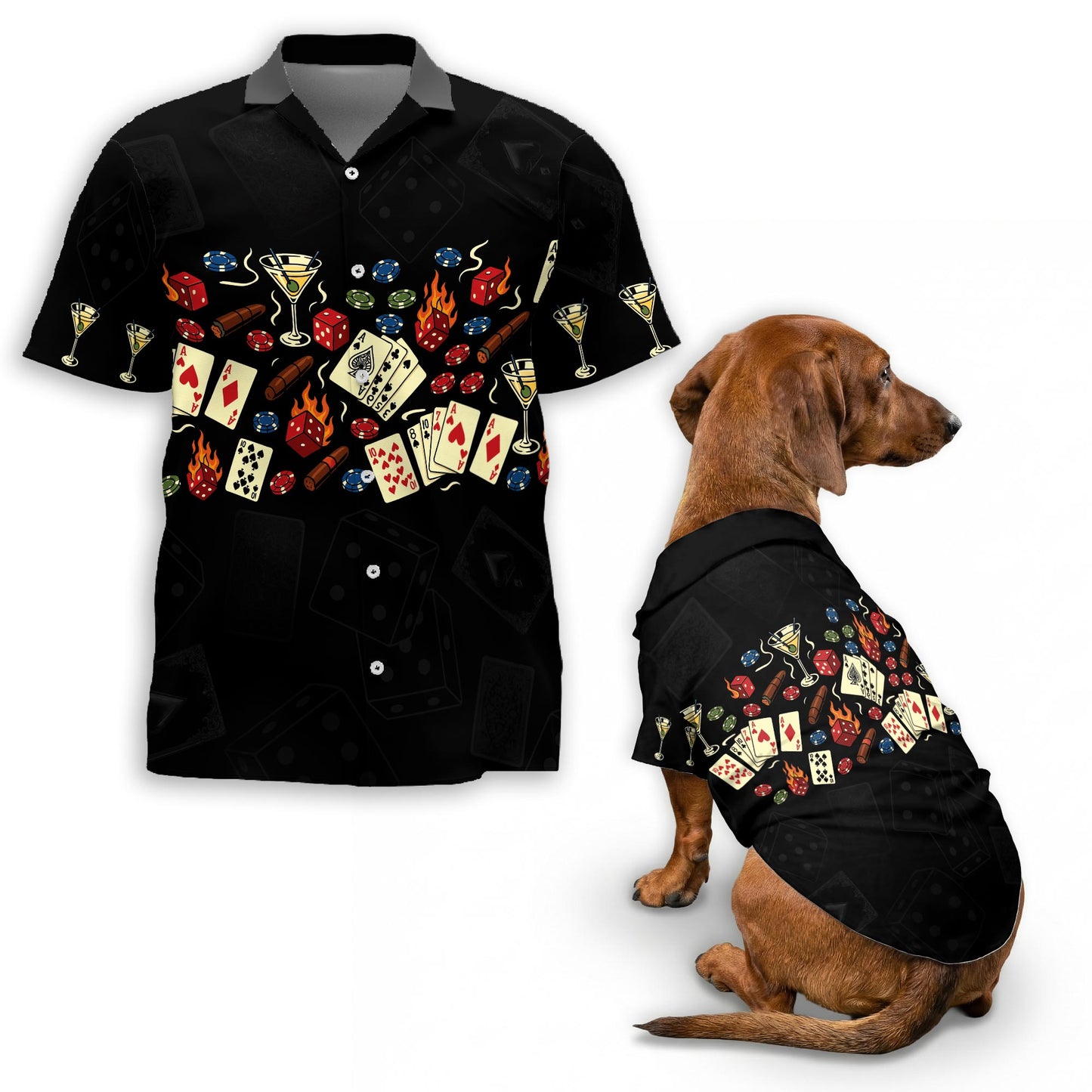 Netecom Matching Poker Theme Hawaiian Shirt for Pet and Owner, Aloha Summer Shirt, Poker Gambling Playing Card Print Outfit for Dog and Human, Casual Summer Beach Wear