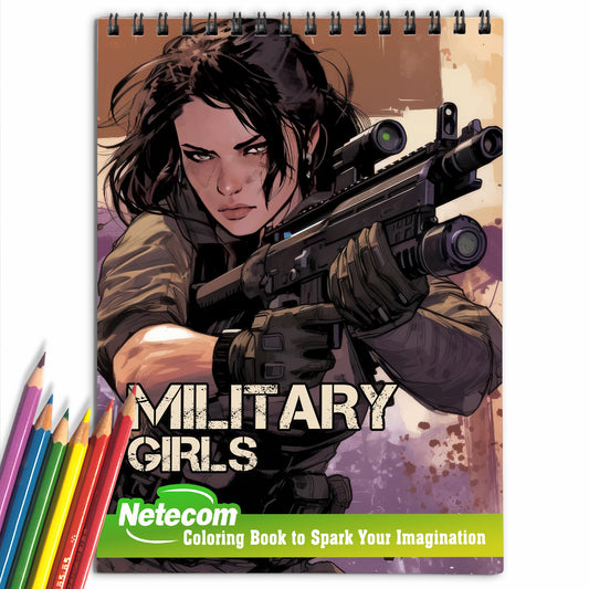 Military Girls Spiral Bound Coloring Book, Dive into the Action with 30 Vibrant Coloring Pages, Depicting Anime Military Girls in Epic Combat Scenes