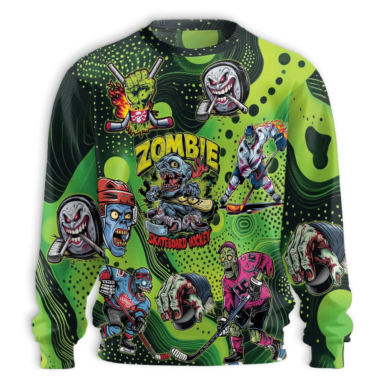 Zombie Hockey Sweatshirt, 3D All Over Print Skateboard Hockey Crewneck Pullover for Men Women, Hockey Player Gift - Netecom