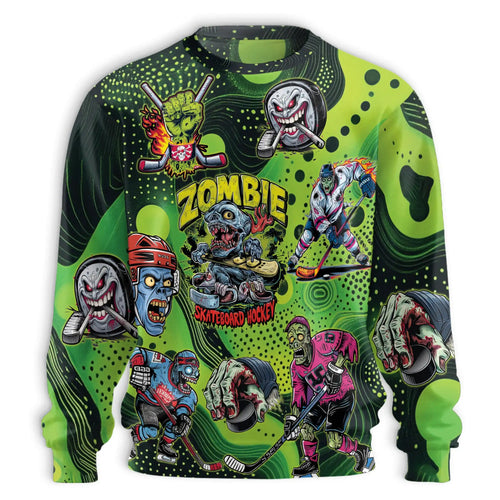 Zombie Hockey Sweatshirt, 3D All Over Print Skateboard Hockey Crewneck Pullover for Men Women, Hockey Player Gift - Netecom