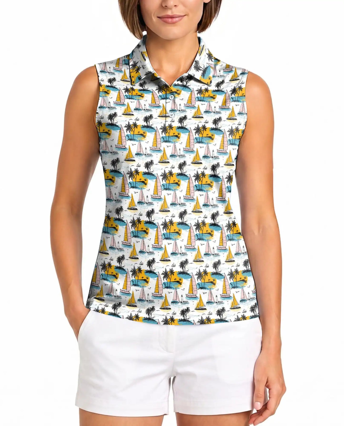 Tropical Sailboat And Palm Tree Pattern Sleeveless Polo Shirt for Women | Netecom