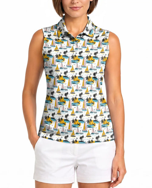 Tropical Sailboat And Palm Tree Pattern Sleeveless Polo Shirt for Women | Netecom