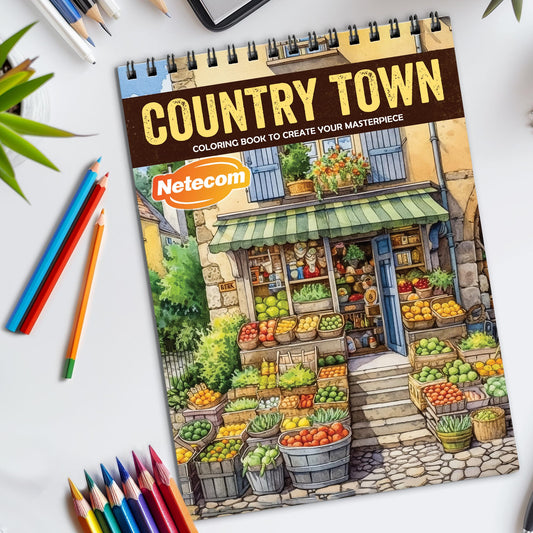 Country Town Spiral Bound Coloring Book, Picturesque Country Towns for Relaxing Coloring, Perfect for Those Seeking a Slice of Rural Life