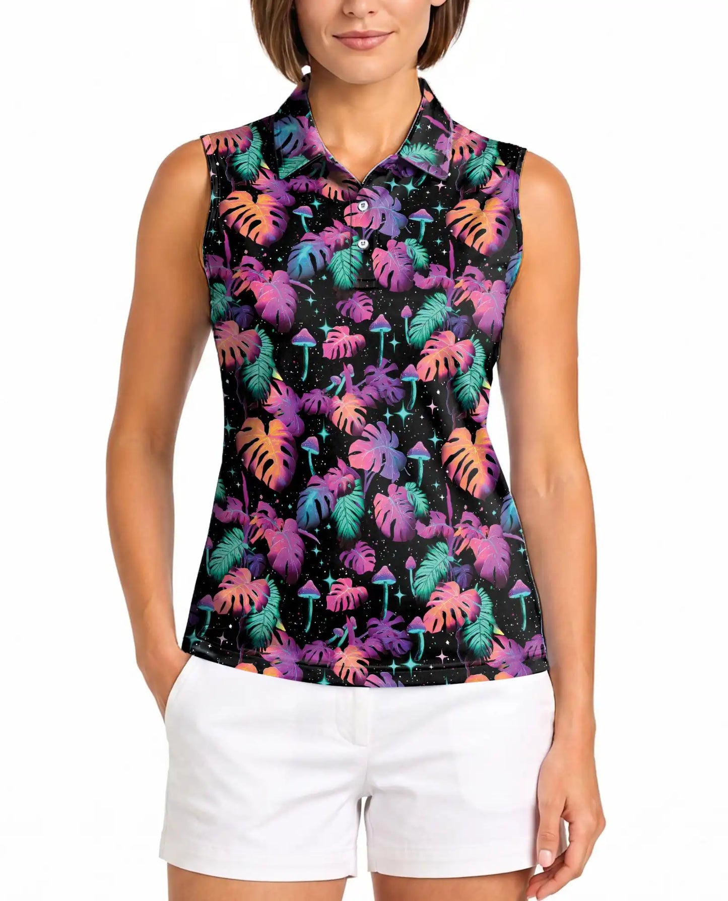 Neon Mushroom Leaves Sleeveless Polo Shirt for Women – Colorful Nature Style | Netecom