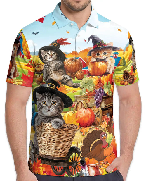 Autumn Harvest Cats Polo Shirt for Men – Cute Fall Kitten Print | Netecom