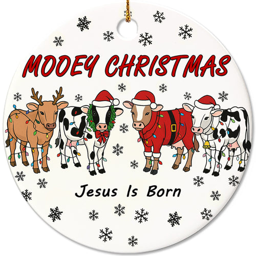 Netecom Funny Cow Christmas Ornament, Mooey Christmas Ceramic Ornament for Xmas Tree Hanging Decorations Gift, Farmer Gifts, Holiday Party Present