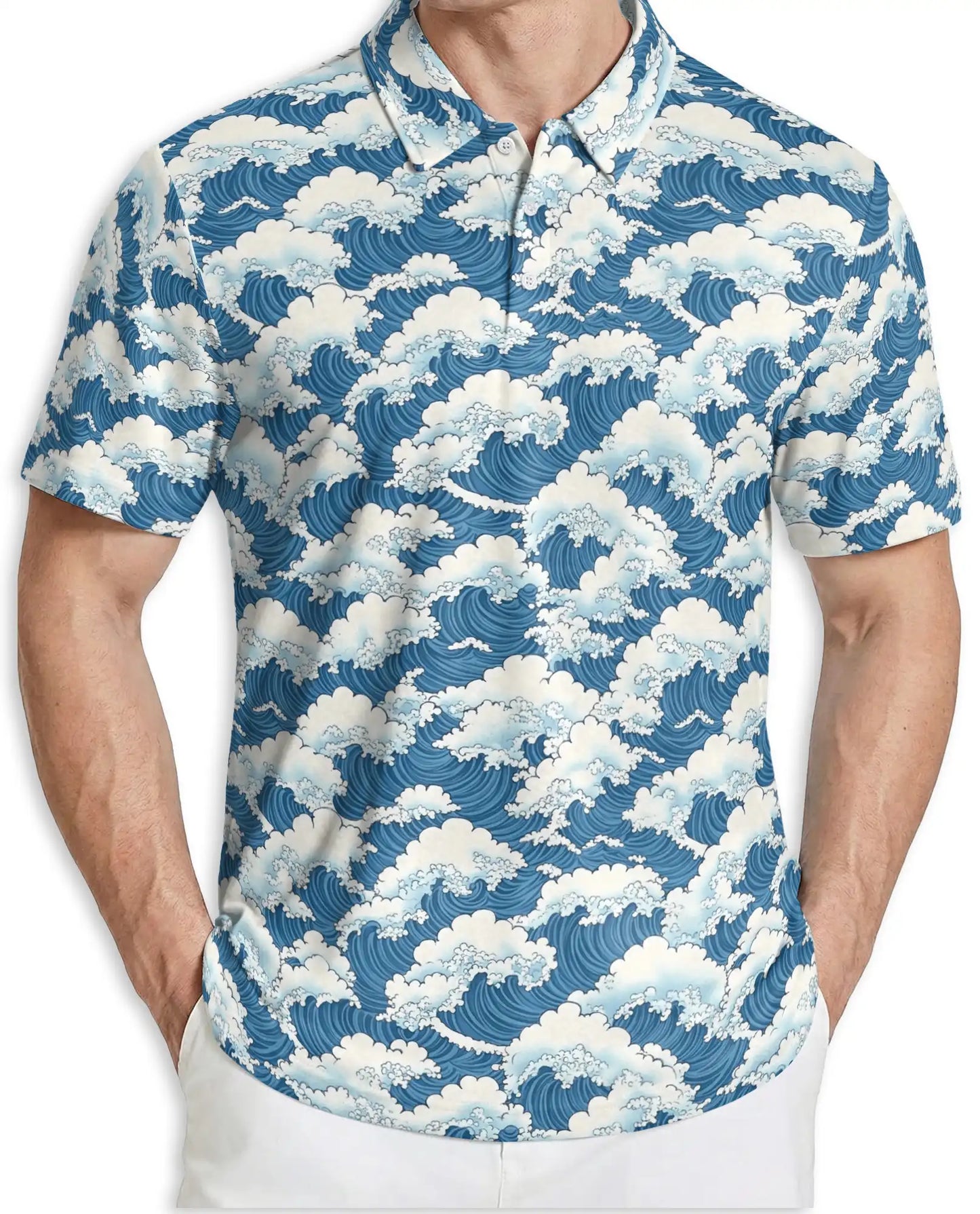 Japanese Ocean Wave 3D Polo Shirt for Men – Coastal Minimalist Art Style | Netecom