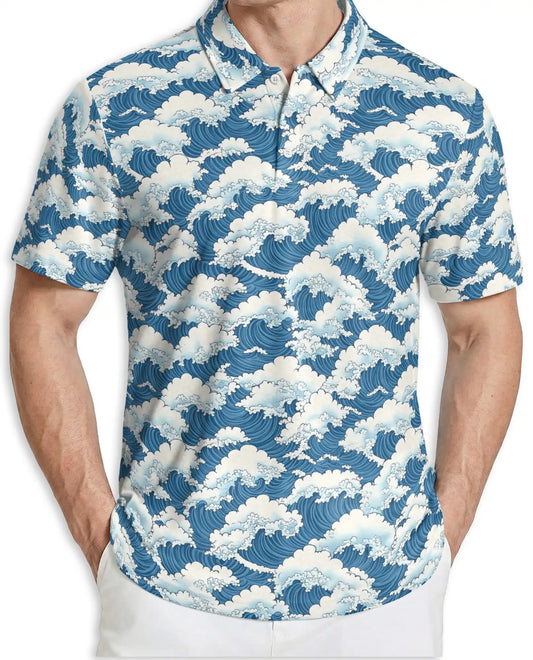 Japanese Ocean Wave 3D Polo Shirt for Men – Coastal Minimalist Art Style | Netecom