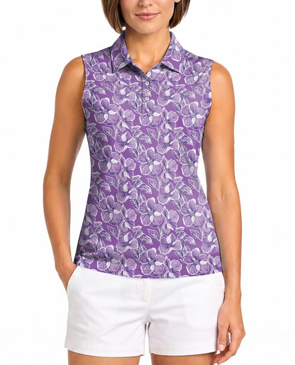 Big Hibiscus Purple Sleeveless Polo Shirt for Women | Netecom