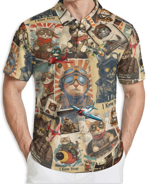 Pilot Cat 3D Polo Shirt for Men – Vintage Aviator Cat Style | Netecom