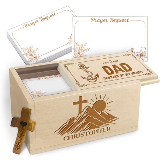 Netecom Personalized Dad Prayer Box with Custom Name on Box & Cross, Wooden Christian Keepsake with 100 Prayer Request Cards, Faith Gift for Father