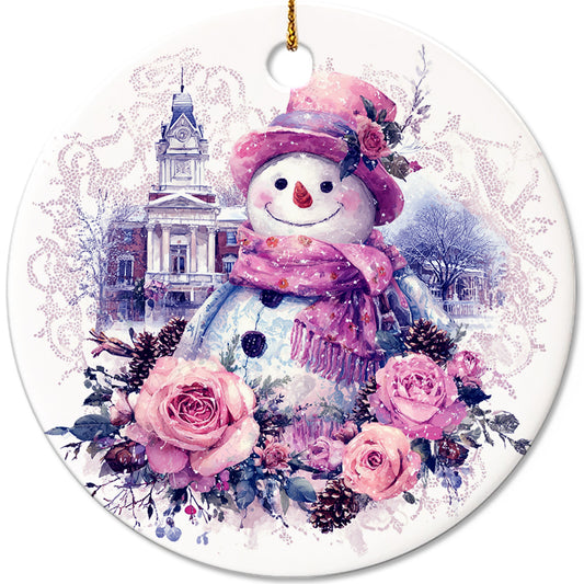 Netecom Vintage Pink Snowman Christmas Ornament, Floral Christmas Ceramic Ornament for Xmas Tree Hanging Decorations Gift, Gifts for Friends & Family, Holiday Party Present