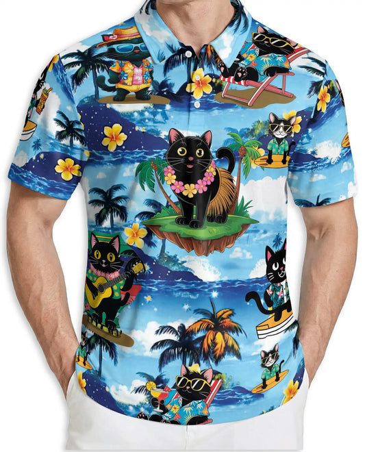 Tropical Black Cat 3D Polo Shirt for Men – Hawaiian Beach Cartoon Style | Netecom
