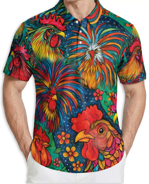 Colorful Rooster Polo Shirt – Folk Art Farm Print | Netecom