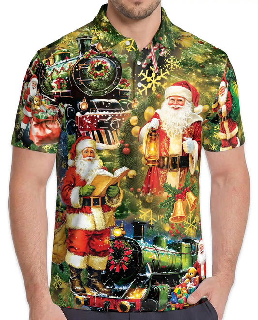 Christmas Train Santa 3D Polo Shirt for Men – Vintage Holiday Winter Style | Netecom