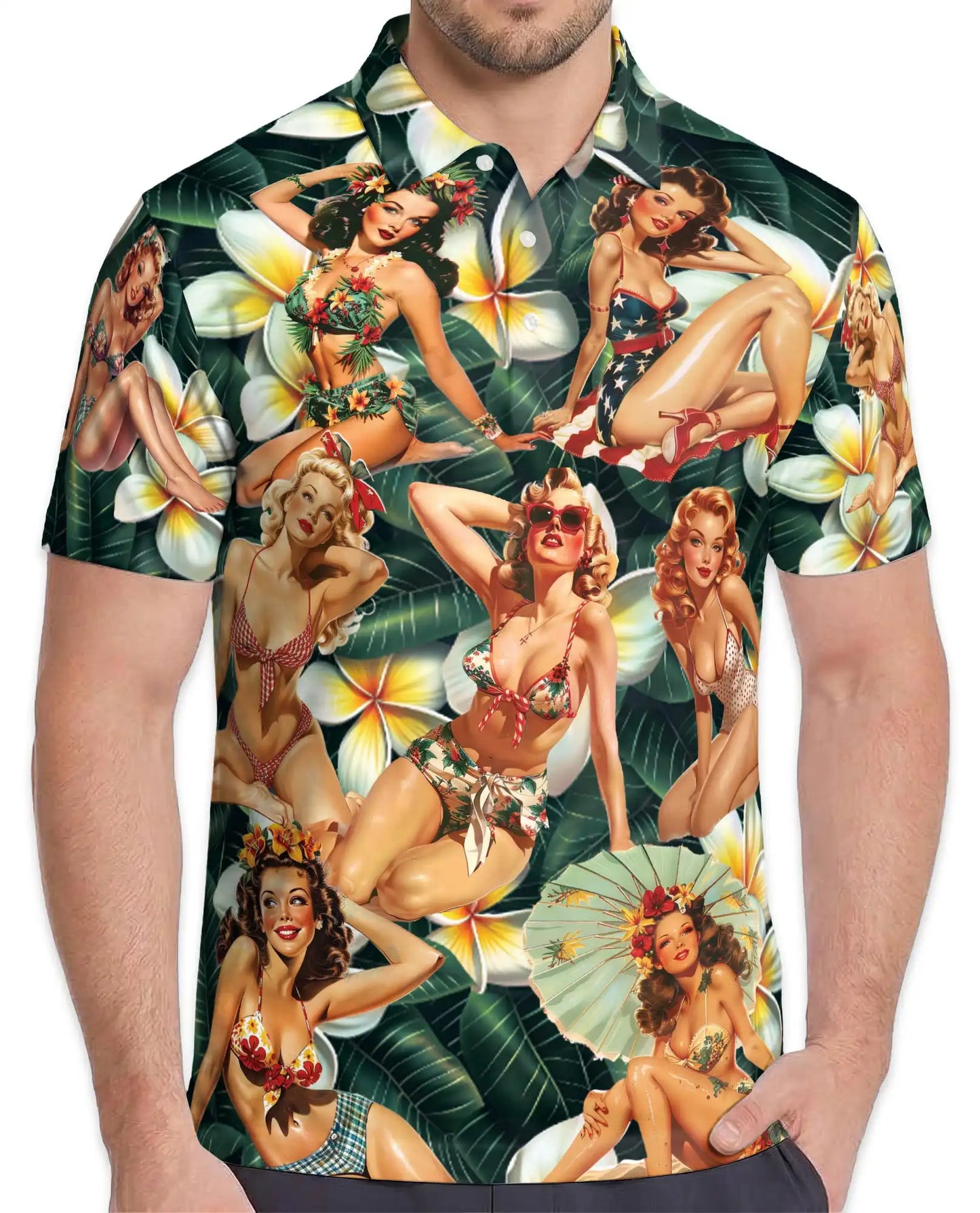 Retro Pin Up Girl Hawaiian Polo Shirt - Vintage Tropical Beauty Design | Netecom