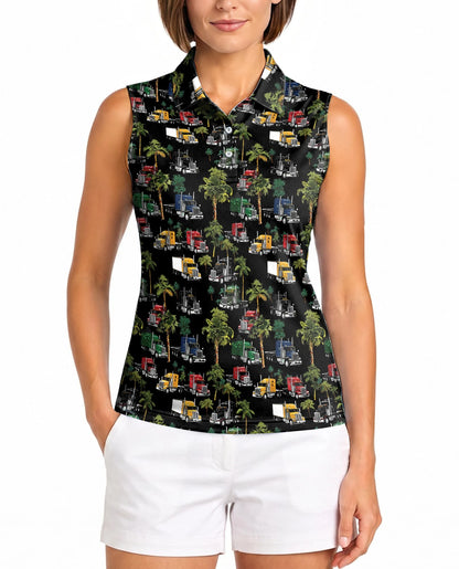 Semi Truck and Palm Tree Print Sleeveless Polo Shirt for Women | Netecom