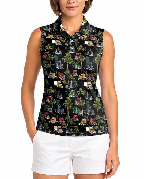 Semi Truck and Palm Tree Print Sleeveless Polo Shirt for Women | Netecom