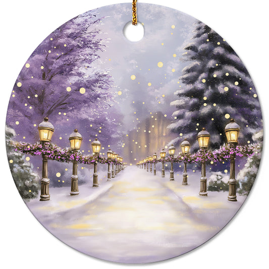 Netecom Vintage Purple Winter Snow Scene Christmas Ornaments, Ceramic Street Lamp Keepsake Ornament for Christmas Tree Decorations, Gifts for Holiday, Party, Home Decor