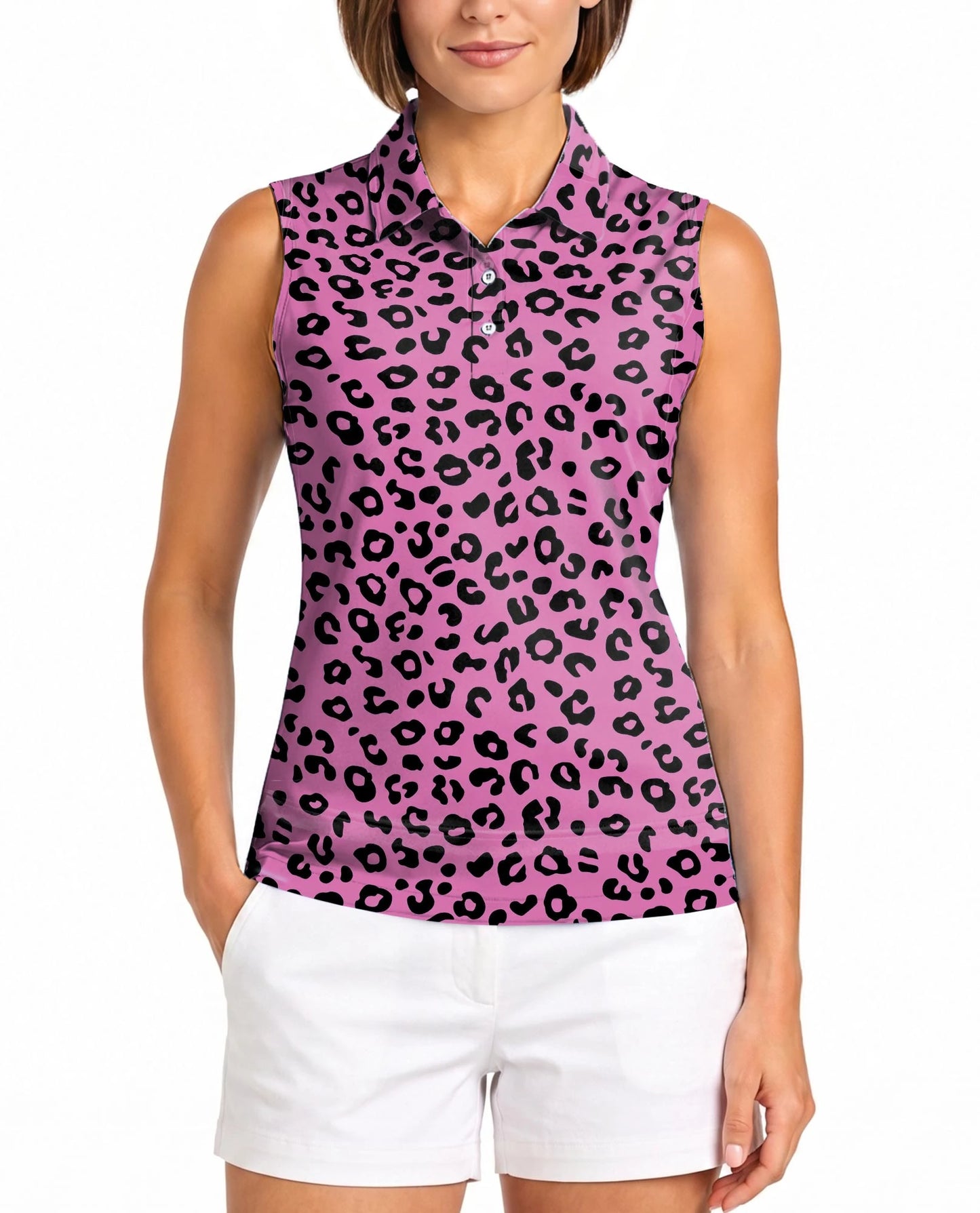Pink Leopard Print Sleeveless Polo Shirt for Women – Wild Fashion Style | Netecom