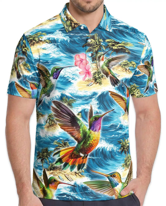 Hummingbird Tropical Polo Shirt – Ocean Wave Print | Netecom