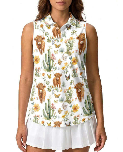 Cute Highland Cattle Sleeveless Polo Shirt for Women | Netecom
