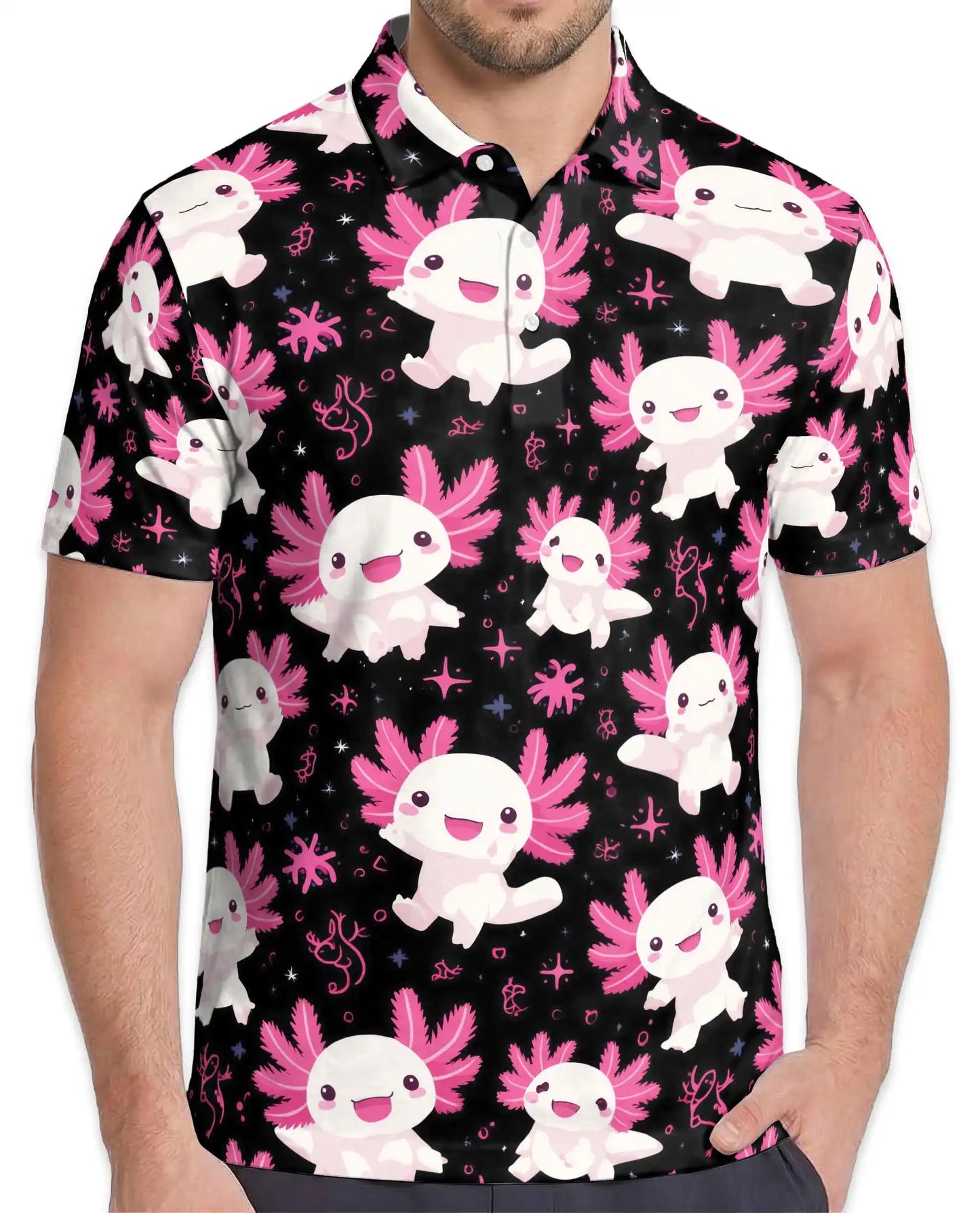 Pink Axolotl Polo Shirt for Men – Cute Aquatic Animal Style | Netecom