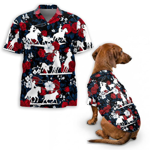 Netecom Matching Flower Horse Roping Aloha Hawaiian Shirt for Dog and Owner, Aloha Summer Shirt, Western Floral Horse Print Outfit for Pet and Human, Beach Vacation Casual Wear