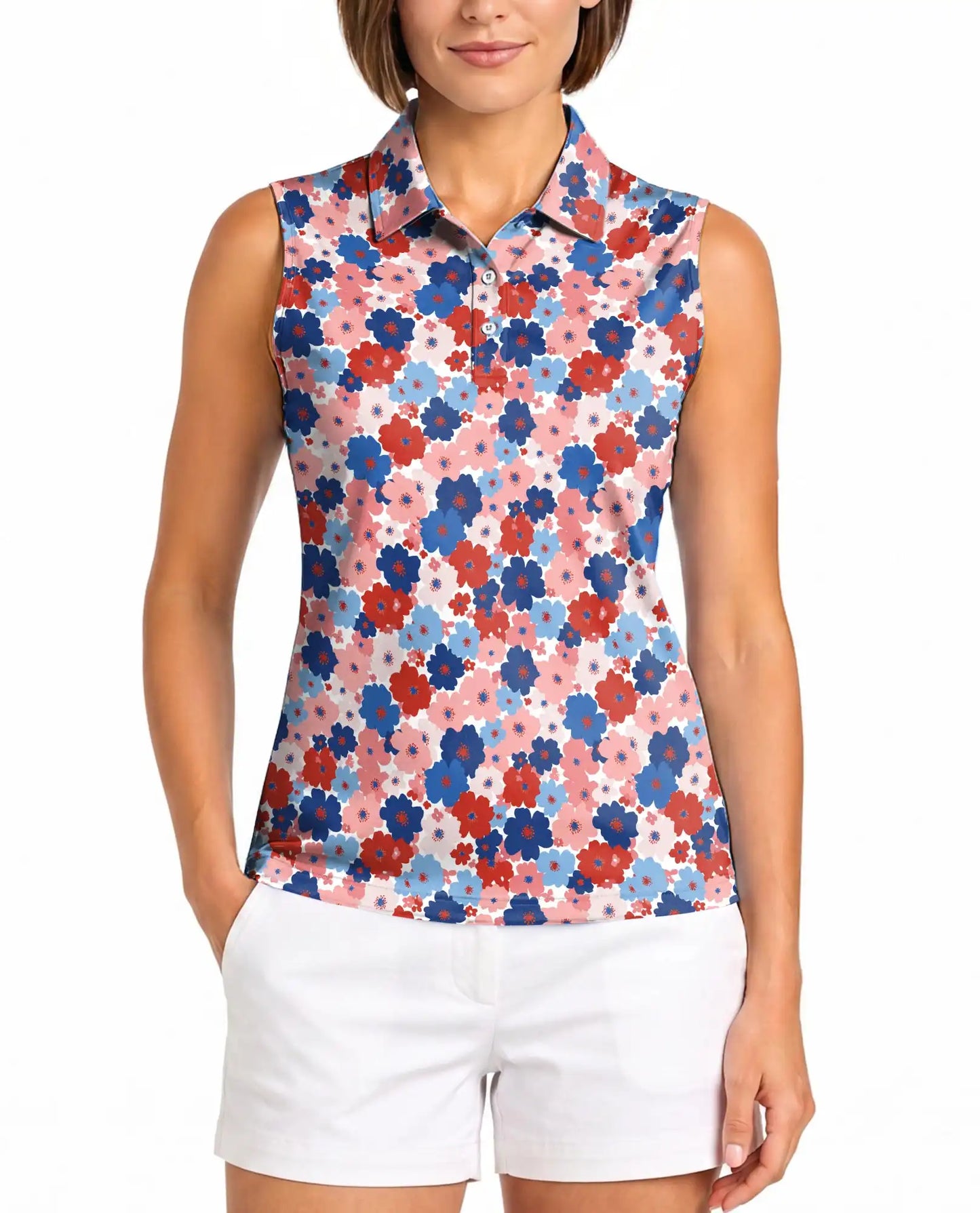 Red And Blue Floral Sleeveless Polo Shirt for Women | Netecom