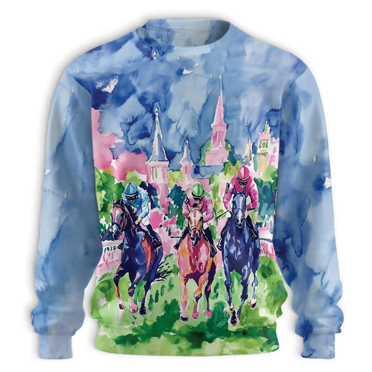 Watercolor Horse Racing Sweatshirt, 3D All Over Print Equestrian Horse Crewneck Pullover for Men Women, Horse Lover Gift - Netecom