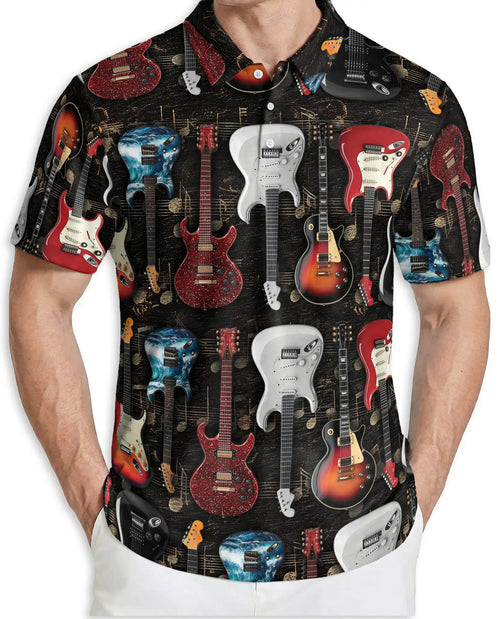 Electric Guitar Hawaiian Polo Shirt | Rock Music Guitar Pattern Shirt | Netecom