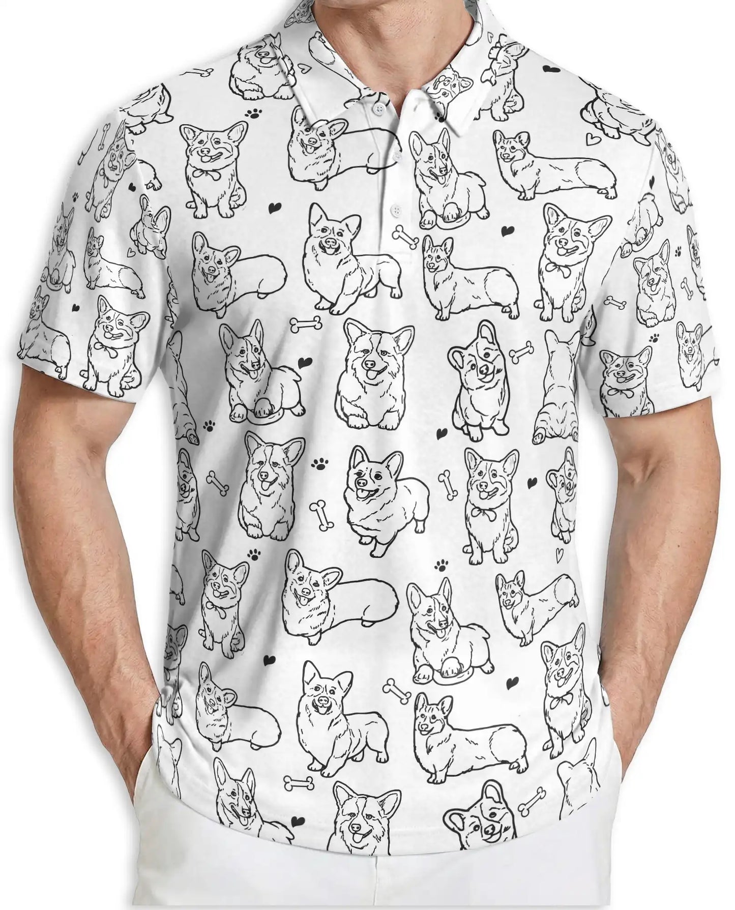 Cute Corgi Sketch 3D Polo Shirt for Men – Minimal Dog Lover Style | Netecom