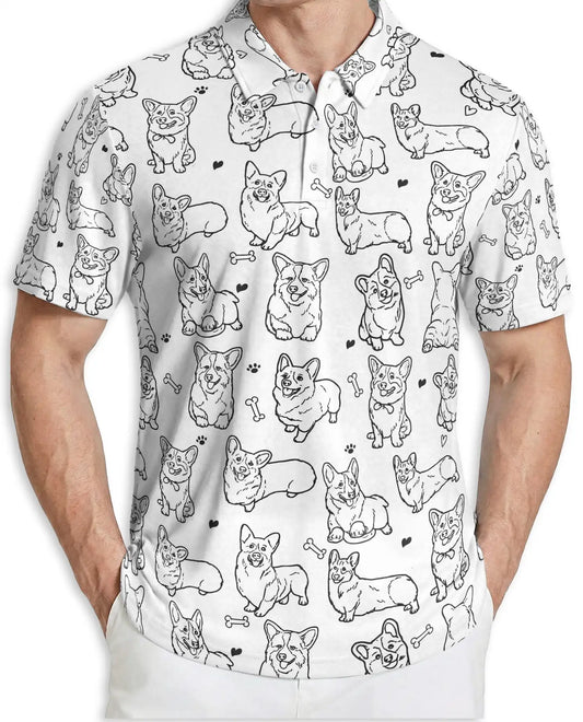 Cute Corgi Sketch 3D Polo Shirt for Men – Minimal Dog Lover Style | Netecom