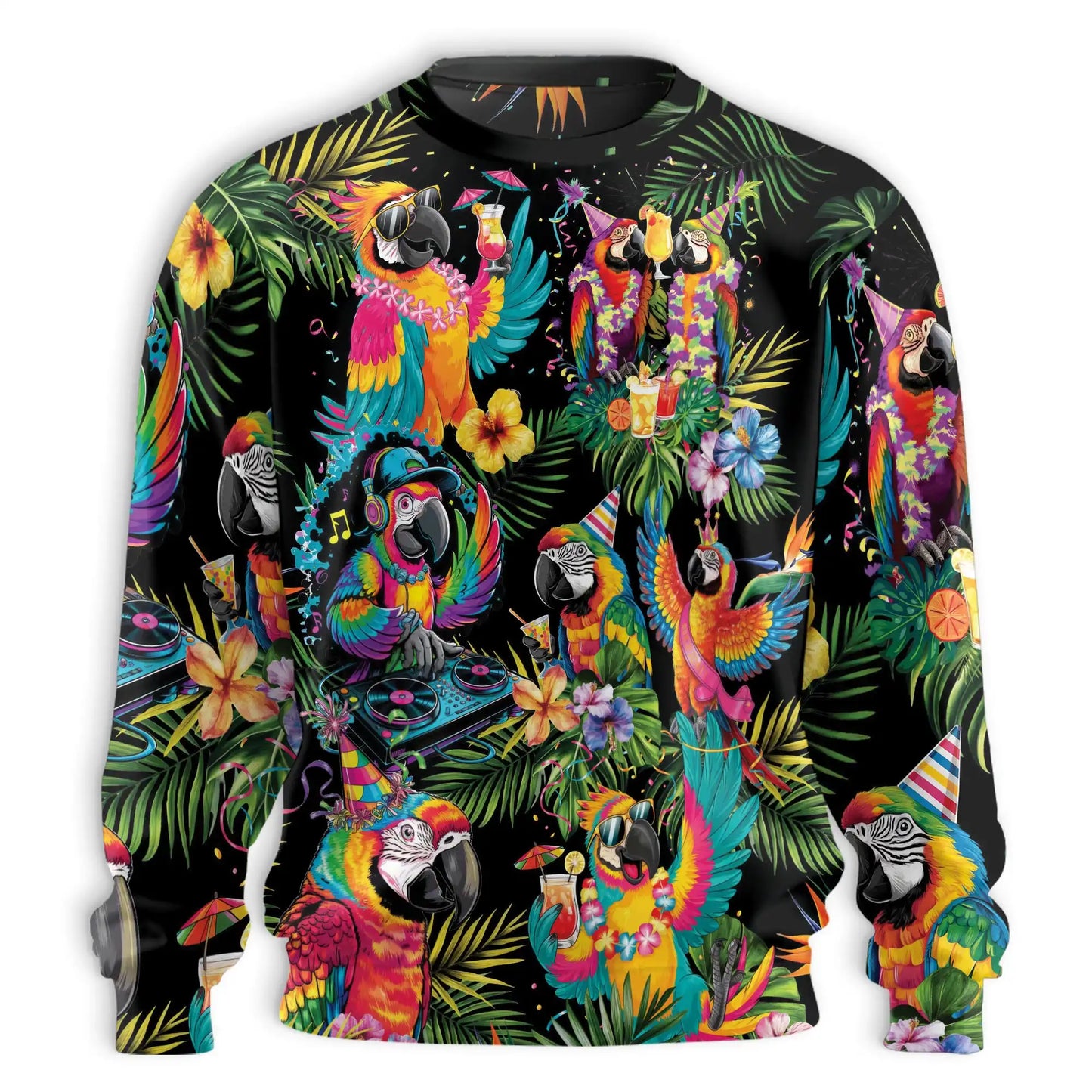 DJ Parrot Tropical Pattern Sweatshirt, 3D All Over Print Colorful Music Bird Crewneck Pullover for Men Women, Parrot Lover Gift - Netecom