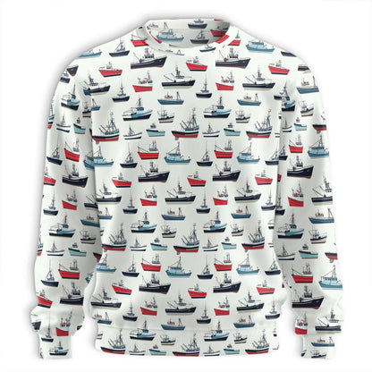 Fishing Boat Pattern Sweatshirt, 3D All Over Print Nautical Ocean Crewneck Pullover for Men Women, Fishing Lover Gift - Netecom
