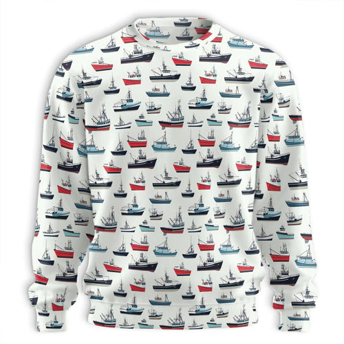 Fishing Boat Pattern Sweatshirt, 3D All Over Print Nautical Ocean Crewneck Pullover for Men Women, Fishing Lover Gift - Netecom