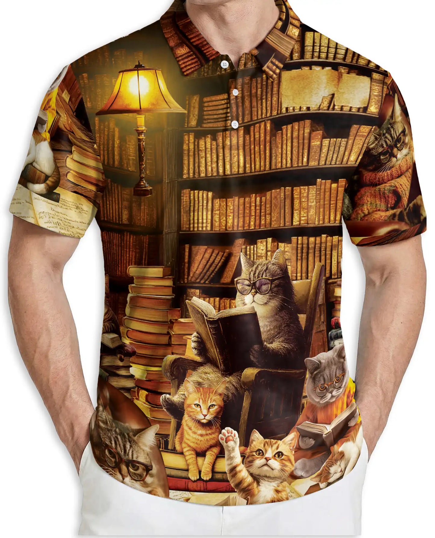 Cat Library Polo Shirt – Cozy Reading Room Print | Netecom
