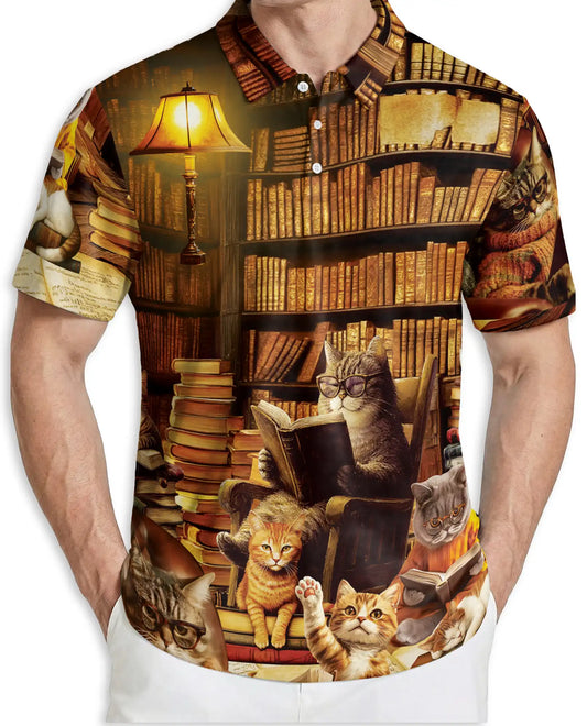 Cat Library Polo Shirt – Cozy Reading Room Print | Netecom