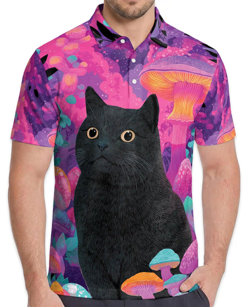 Black Cat Fantasy Mushroom Polo Shirt for Men- Print Magical Forest | Netecom