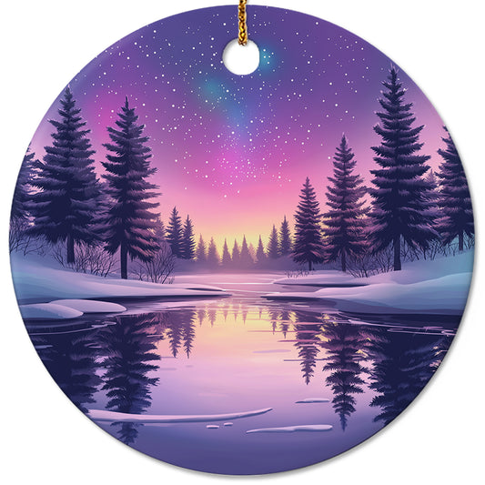 Netecom Purple Winter Forest Scene Christmas Ornaments, Ceramic Northern Lights Snow Pine Trees Keepsake Ornament for Xmas Tree Decorations, Gifts for Holiday, Party, Home Decor