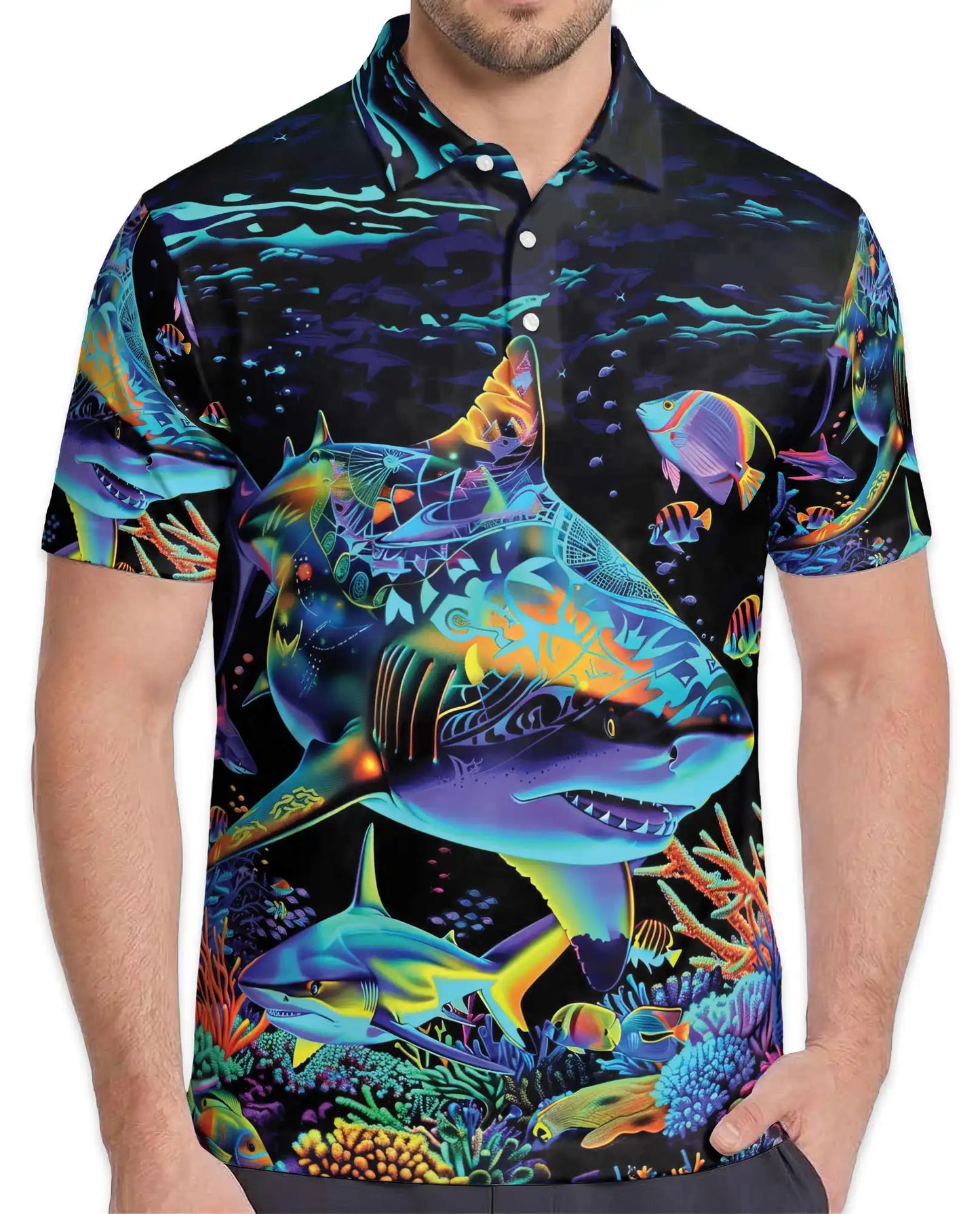 Tropical Sharks Polo Shirt for Men – Colorful Ocean Fish Design | Netecom