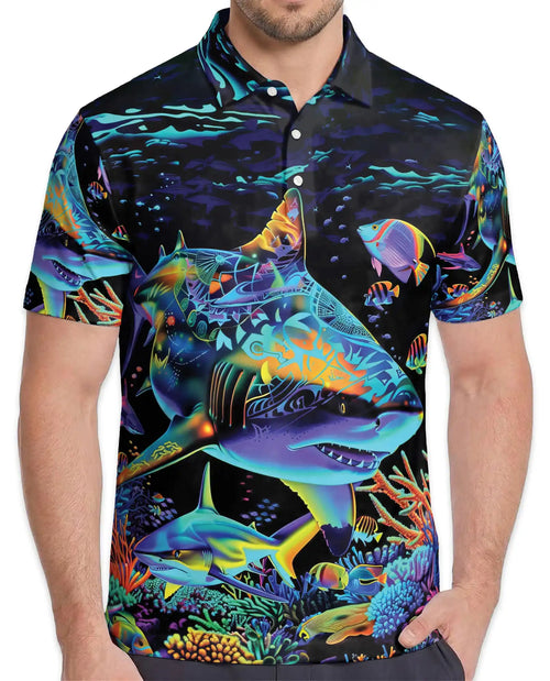 Tropical Sharks Polo Shirt for Men – Colorful Ocean Fish Design | Netecom