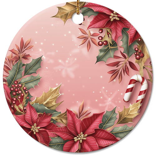 Netecom Pink Poinsettia and Holly Berries Christmas Ornament, Ceramic Candy Cane Keepsake Ornament for Xmas Tree Decorations, Gifts for Holiday, Party, Home Decor