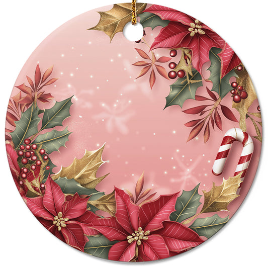Netecom Pink Poinsettia and Holly Berries Christmas Ornament, Ceramic Candy Cane Keepsake Ornament for Xmas Tree Decorations, Gifts for Holiday, Party, Home Decor