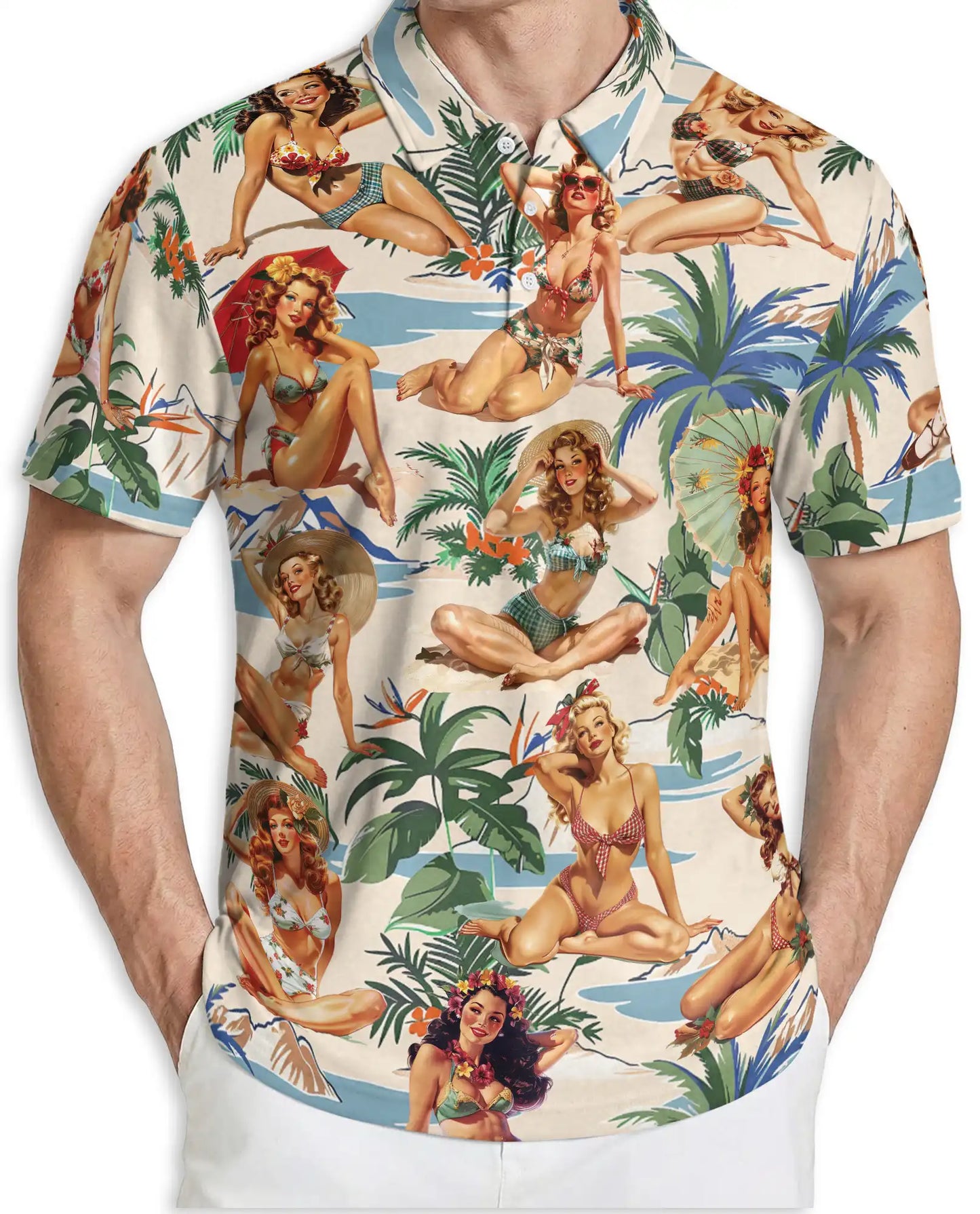 Tropical Pin Up Polo Shirt - Vintage Beach Babe Style | Netecom